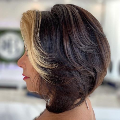 A Line Brown Bob with Textured Layers and Blonde Fringe