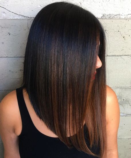 Black Sleek Angled Lob With Brown Balayage