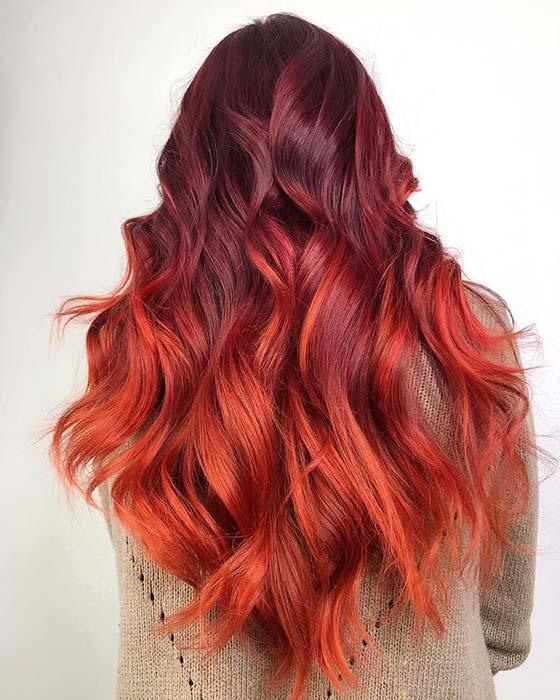 Burgundy to Fiery Orange Ombre Hair