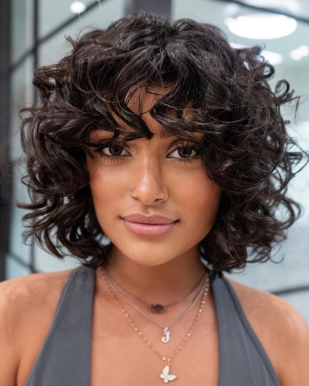 Chic Brown Curly Bob with Bangs