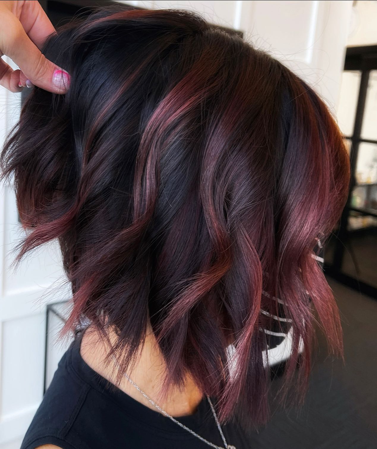 Dark Stacked Bob with Maroon Ribbons