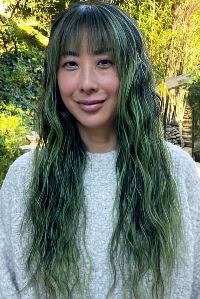 Green Colored Layered Hairstyle with A Fringe #longhaircuts #layeredhair