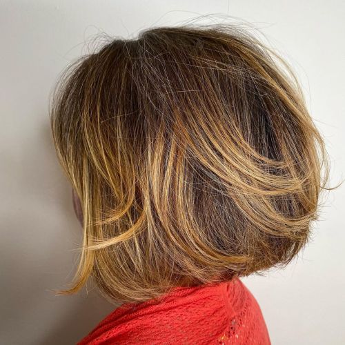 Long Brown Bob with Feathery Layers and Honey Balayage