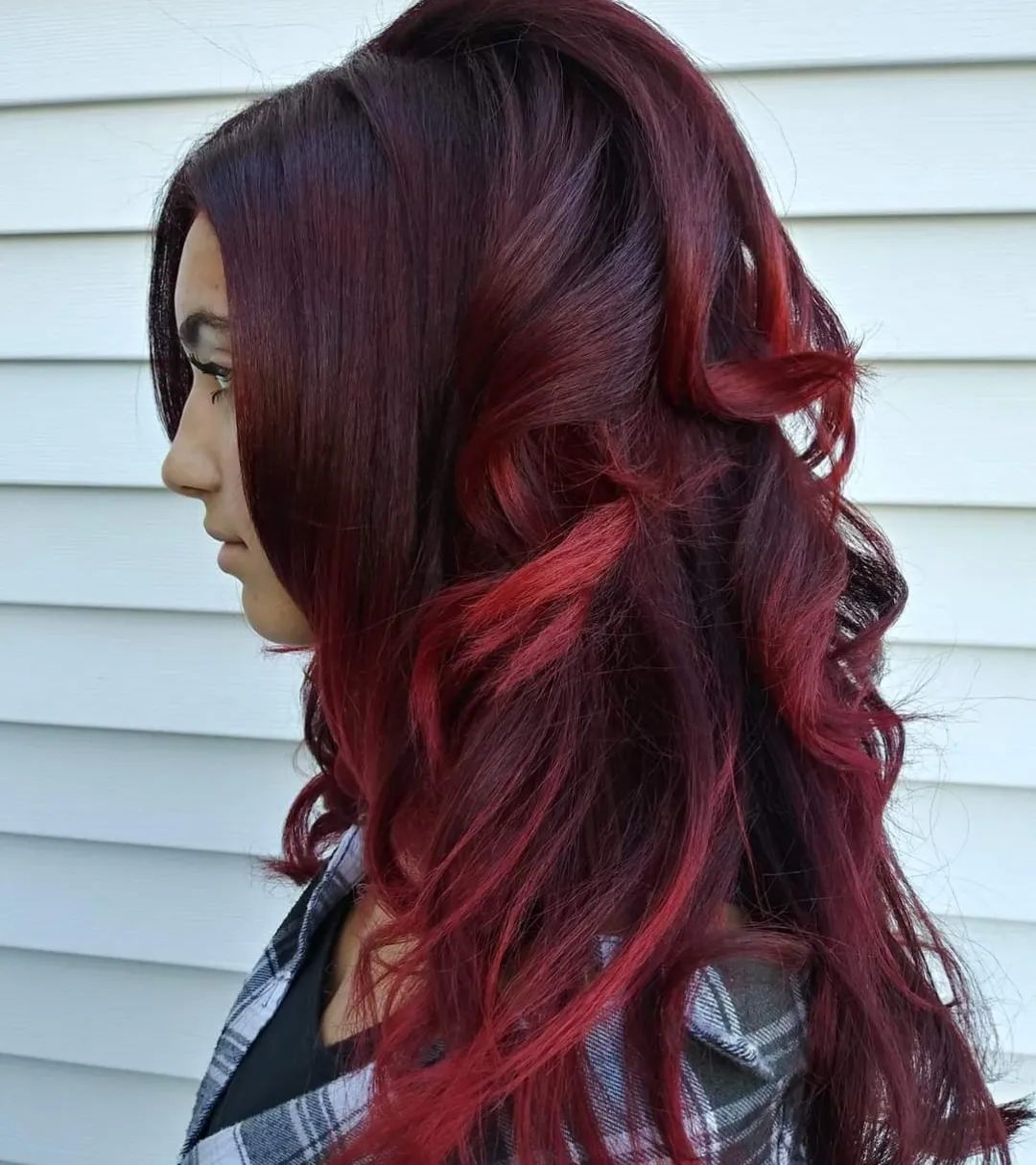 Long Burgundy Hair with Red Ombre Highlights