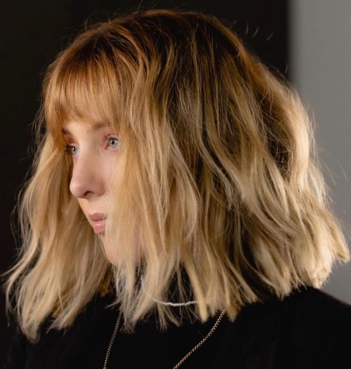 Long Dark Blonde Wavy Bob with Bangs