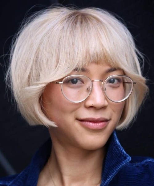 Platinum Blonde Short Bob with Bottleneck Bangs