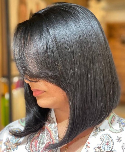 Shiny Black Bob with Side Swept Bangs