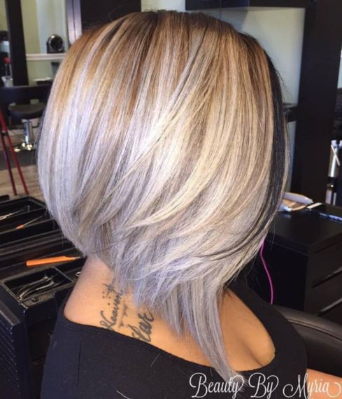 Silver Blonde Angled Layered Bob