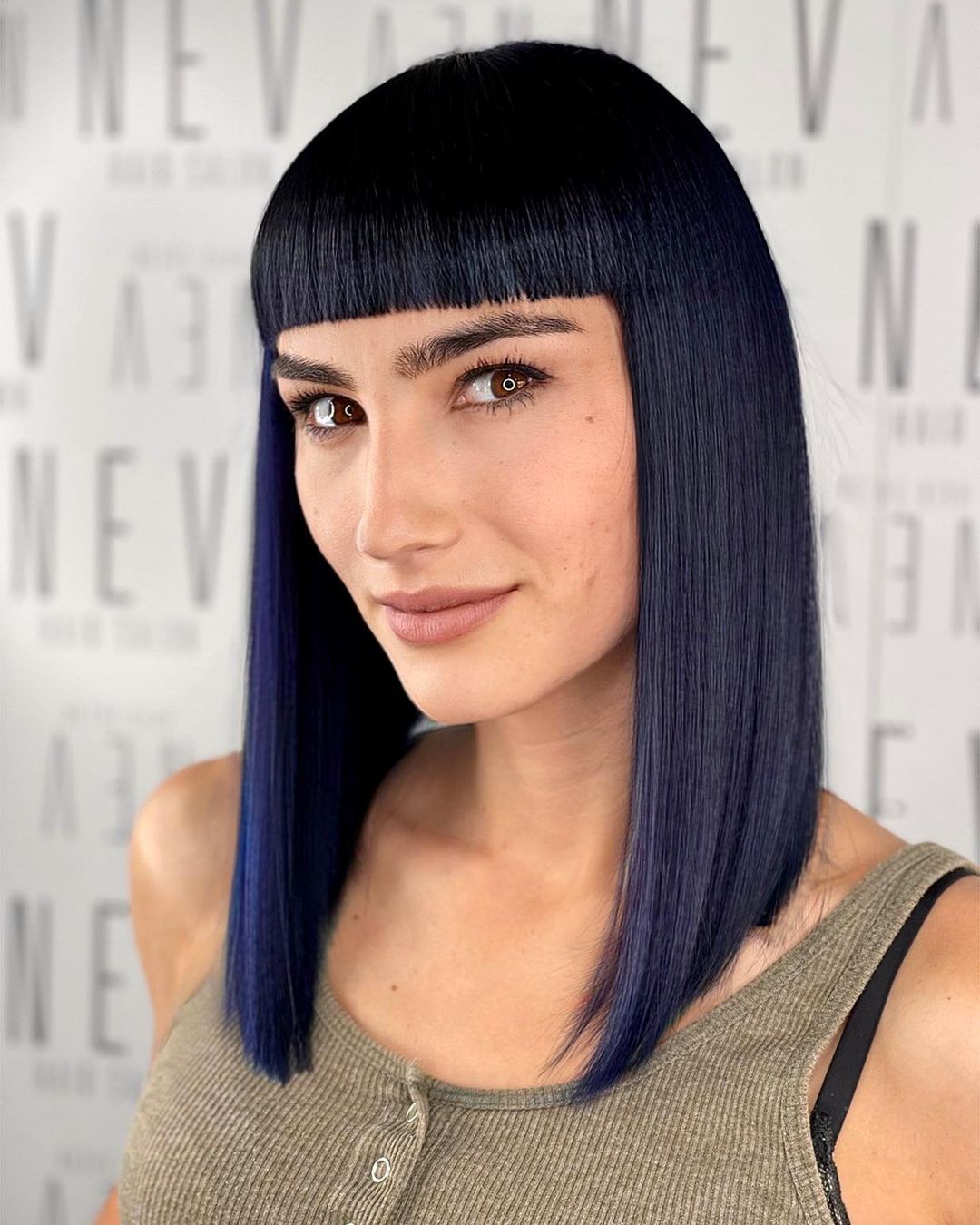 Sleek Long Angled Bob with Blunt Baby Bangs