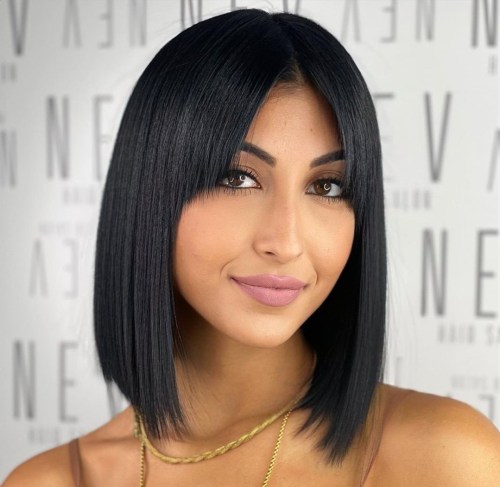 Slightly Angled Shoulder Length Cut with Parted Bangs