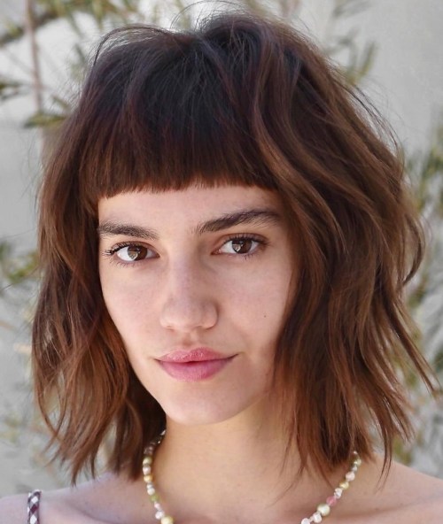 Textured Brown Bob with Short Bangs