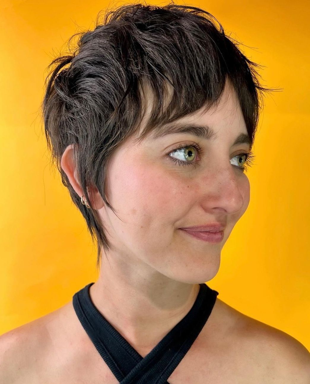 Shaggy Brown Pixie with Curtain Bangs