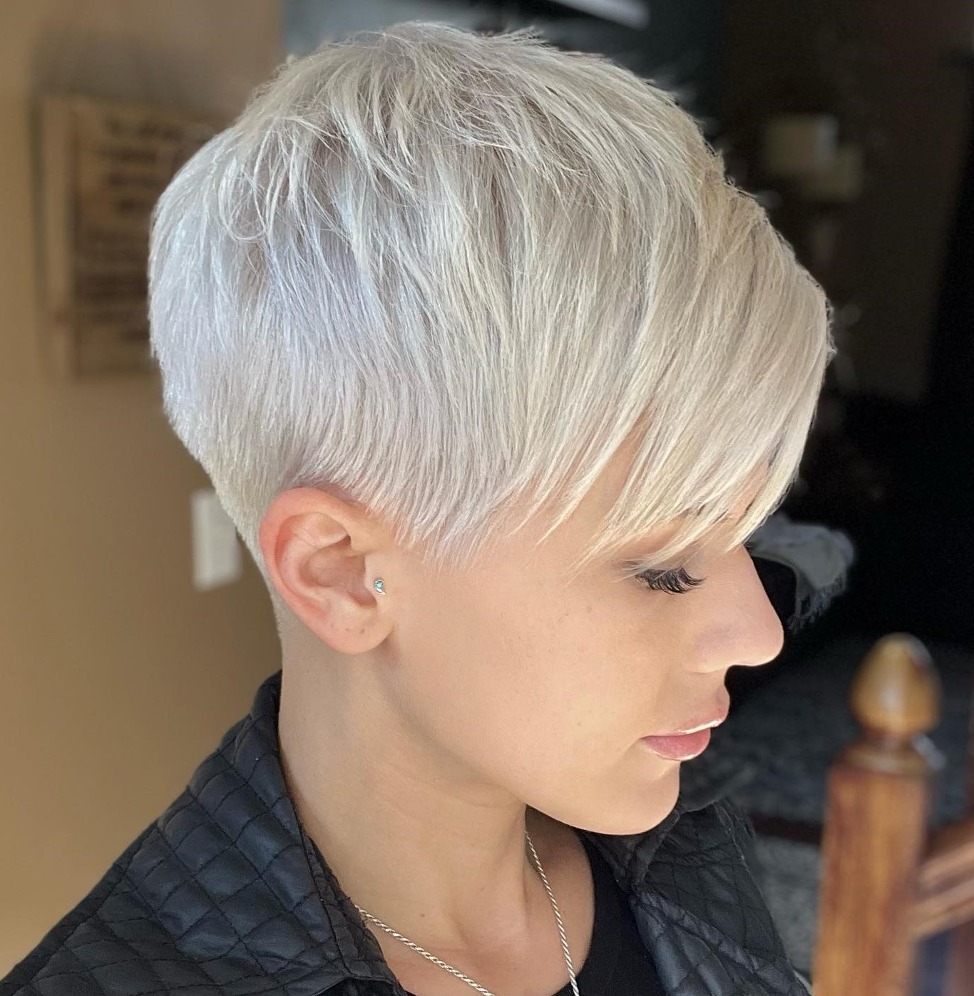 Short White Blonde Pixie with Feathered Side Bangs