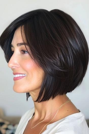 A-Line Medium Bob Hairstyle on a smiling woman with dark brown hair, side view.