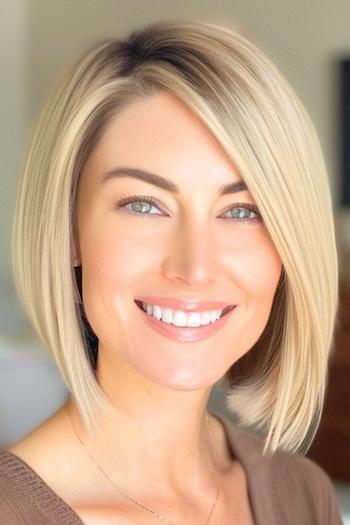 Angled Blunt Bob Hairstyle on a smiling woman with blonde hair.