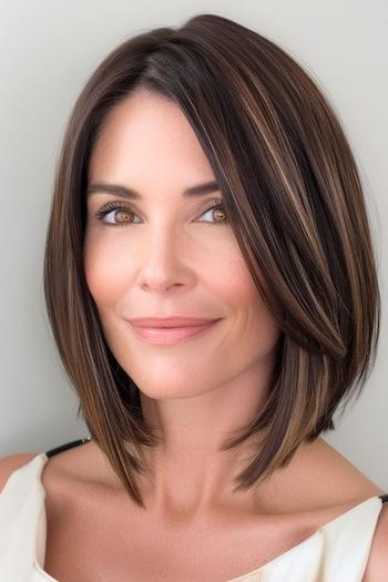 Angled Bob With Subtle Highlights Hairstyle on a smiling woman with brown hair.