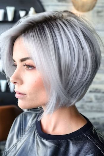 Angled Choppy Silver Bob Short Hairstyle.