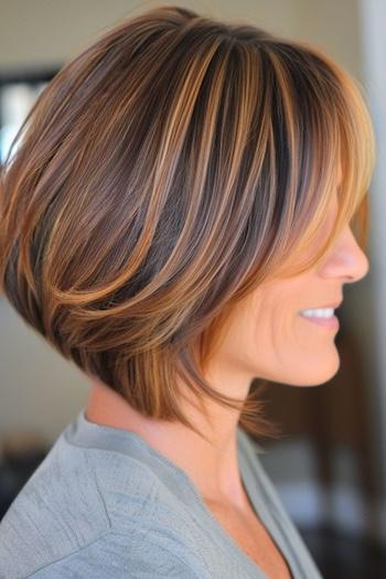 Angled Layered Bob With Highlights Hairstyle on a smiling woman with brown hair and blonde highlights, side view.