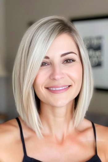 Angled Lob With Deep Side Part Hairstyle on smiling woman with blonde hair.