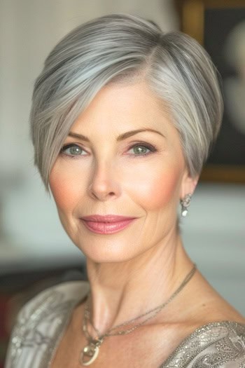 Angled Silver Pixie Hairstyle on smiling older woman with gray hair.