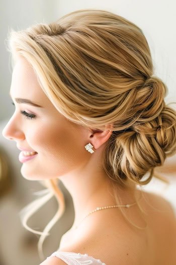 Apricot Blonde Twisted Chignon Hairstyle on smiling woman with long hair.