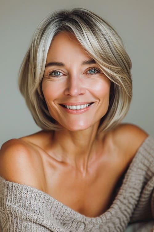 Ash blonde bob on older woman.