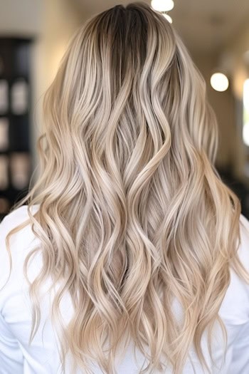 Ash Blonde With Platinum Highlights Wavy Hairstyle on woman with long hair, back view.