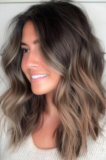 Ash Brown Balayage Waves Medium-length Hairstyle.