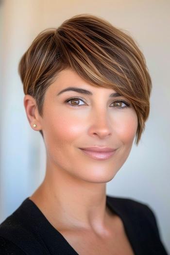 Asymmetrical Pixie Hairstyle on a smiling woman with brown hair and highlights.