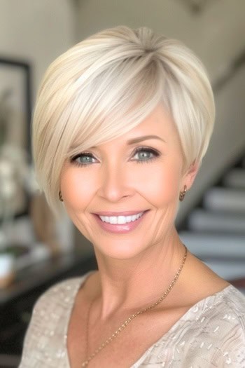 Asymmetrical Pixie Hairstyle on smiling older woman with blonde hair.