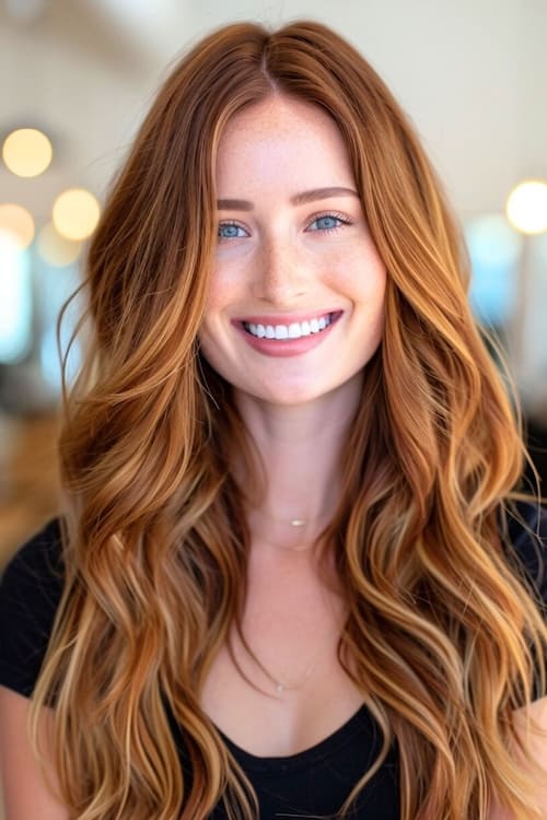 Auburn hair color with copper highlights on beautiful smiling woman with long wavy hair.