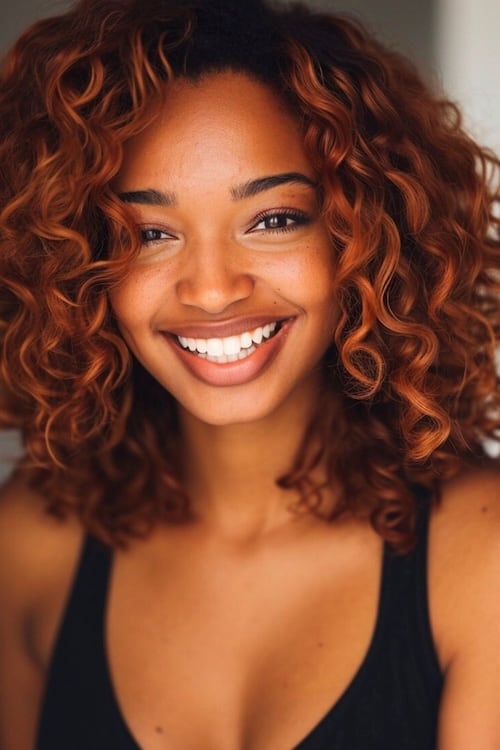 Auburn red curls on smiling pretty black woman.