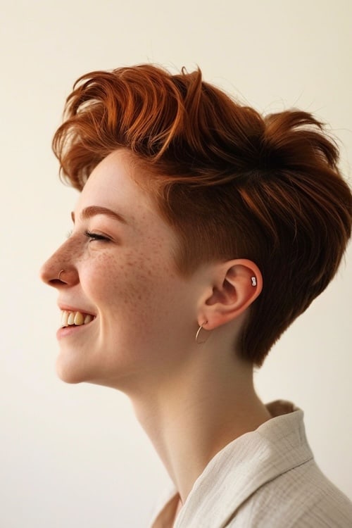 Auburn red hair color and short pixie with undercut hairstyle, side view on smiling woman.