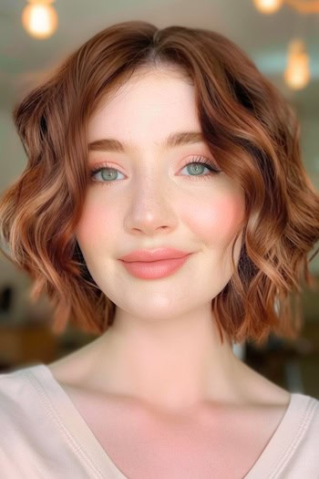 Auburn Wavy Bob with Center Part Short Hairstyle.