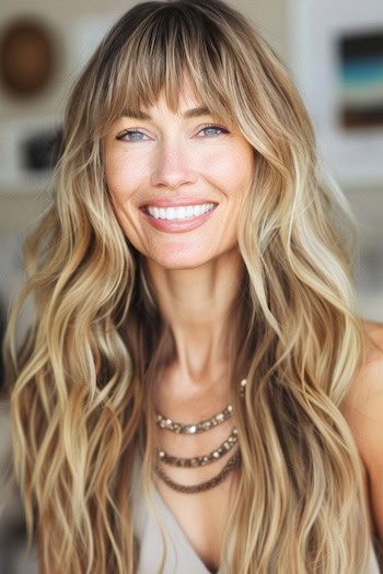 Beachy Honey Blonde Shag Hairstyle on smiling woman with long blonde hair.