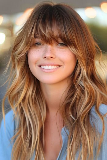 Beachy Long Layers Hairstyle With Bangs.