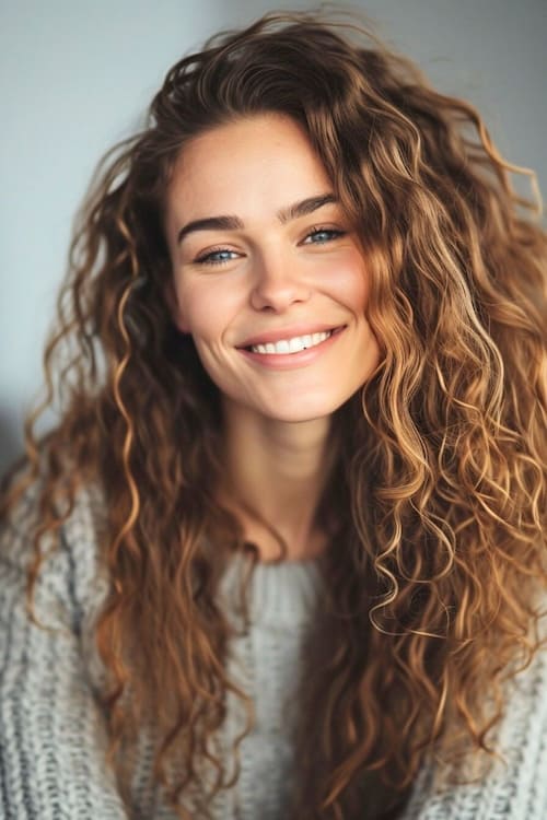 Beautiful smiling woman with long brown bouncy curls hairstyle.