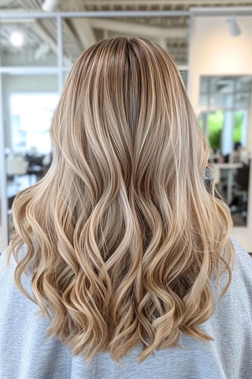 Beige blond hair with brown undertones, shot from behind.