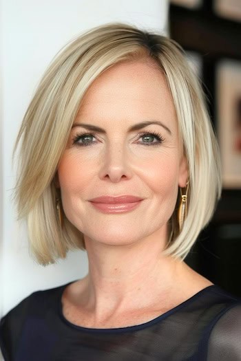 Blonde Bob With Side Part Hairstyle For Women Over 40.