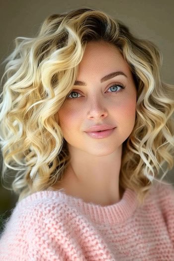 Blonde Curls with Dark Roots Hairstyle on smiling young woman with yellow blonde hair.