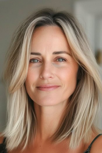 Blonde Lob With Dark Roots Hairstyle on smiling woman with blonde hair.