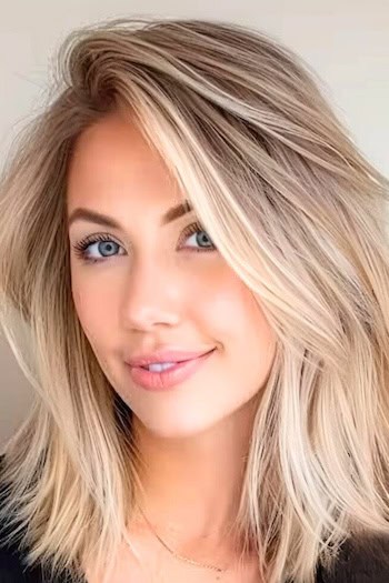 Blonde Lob with Side Part Shoulder-Length Haircut.