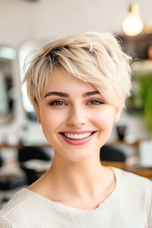 Blonde shaggy pixie cut.