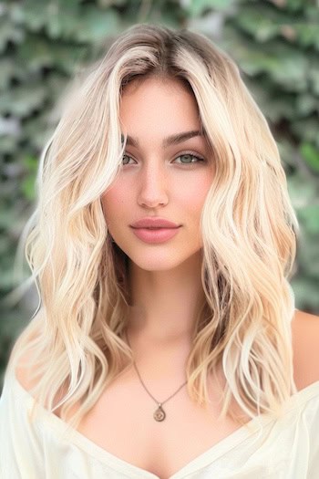 Blonde Waves with Middle Part Medium-Length Haircut.