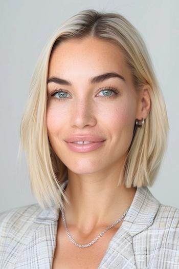 Blunt Blonde Bob With Dark Roots Hairstyle on a smiling woman with blonde hair and dark roots.