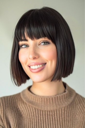 Blunt Bob with Blunt Bangs Short Hairstyle.