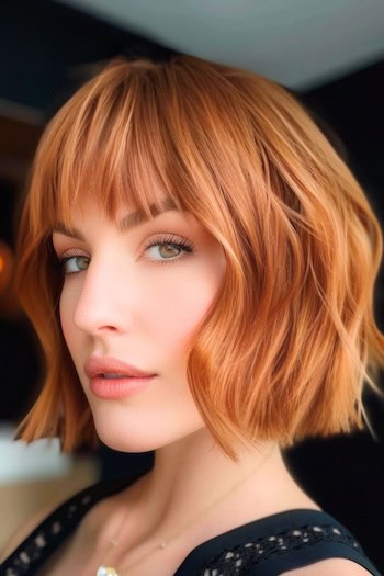 Blunt Copper Bob with Bangs Short Hairstyle.