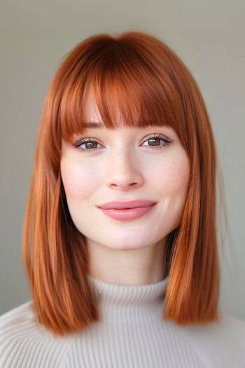 Blunt Copper Lob With Bangs Hairstyle on smiling woman with copper red hair.