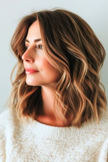 Blunt Wavy Lob Shoulder-Length Haircut.