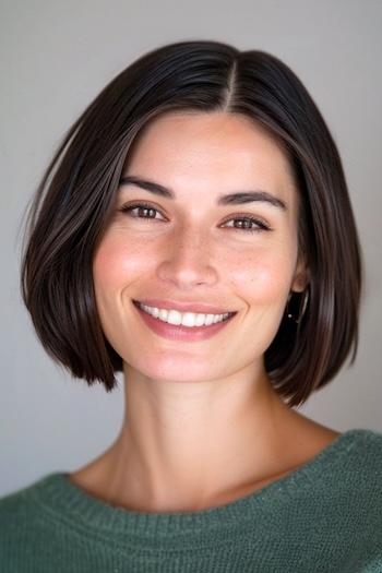 Bob With Center Part Hairstyle on a smiling woman with brown hair.